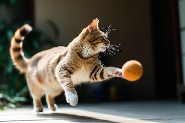 Um gato fofo joga bola amarela na casa do quarto