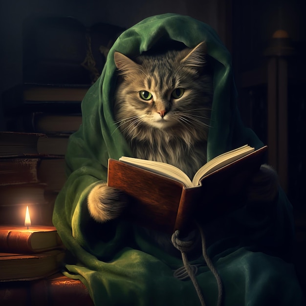 Um gato fofo lendo um livro