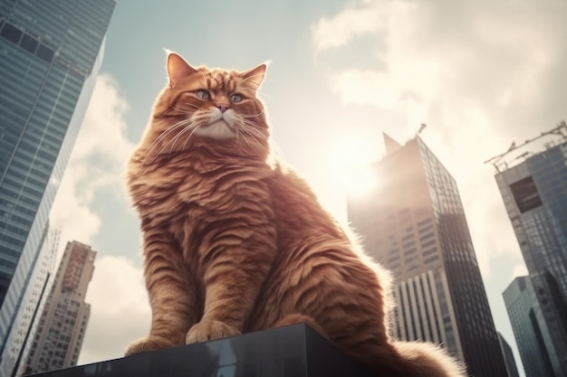 Um gato gigante no topo de um grande edifício em uma cidade IA generativa