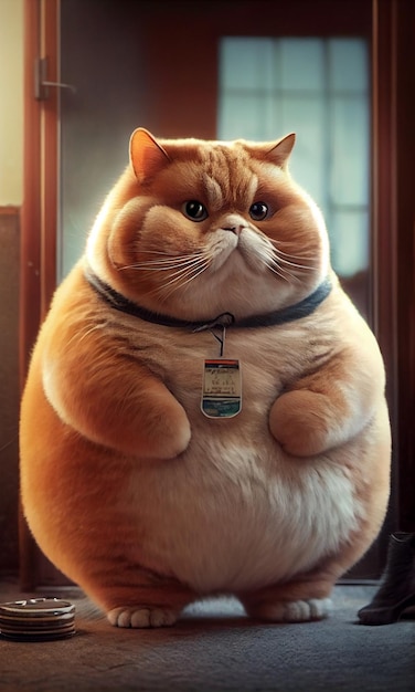 Um gato gordo com uma etiqueta nele