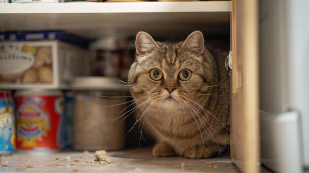 Um gato gordo com uma expressão de culpa apanhado no ato de invadir a despensa