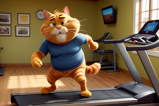 Um gato gordo de camiseta está fazendo esportes no ginásio.