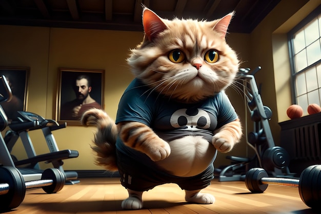 Um gato gordo de camiseta está fazendo esportes no ginásio.