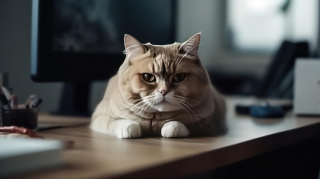 Um gato gordo está sentado em uma mesa com um controle remoto.