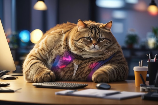 Um gato gordo está sentado na mesa do escritório e é generativo