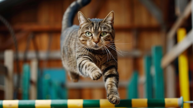 Foto um gato gordo obeso saltando com confiança sobre obstáculos em um curso de agilidade interior desafiando estereótipos com graça e determinação