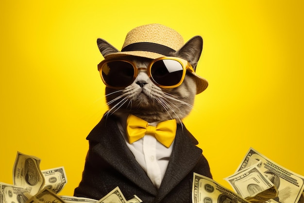 Foto um gato hipster rico e bem sucedido com óculos de sol e dinheiro em dinheiro com fundo pastel