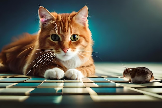Foto um gato jogando uma partida de xadrez com um mouse ao fundo