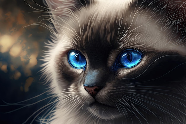Um gato jovem com olhos azuis de perto Masquerade cat Neva