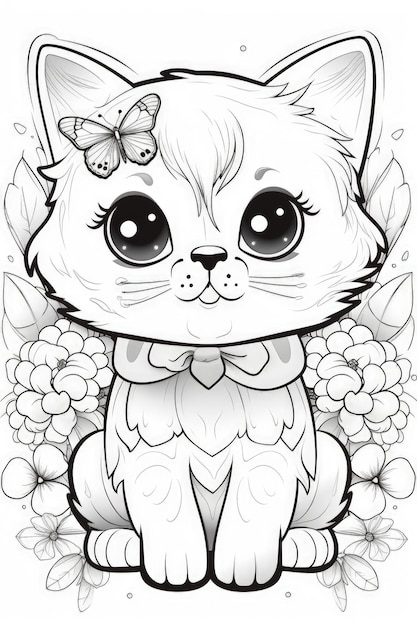 Um gato kawaii bonito para livro de colorir fundo florido IA generativa