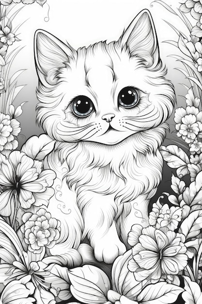 Um gato kawaii bonito para livro de colorir fundo florido IA generativa