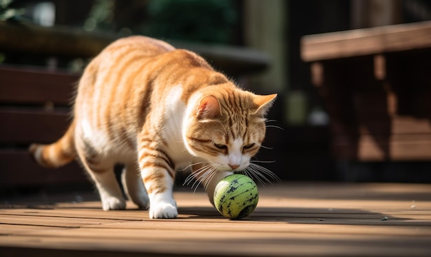 Um gato laranja a brincar com uma bola