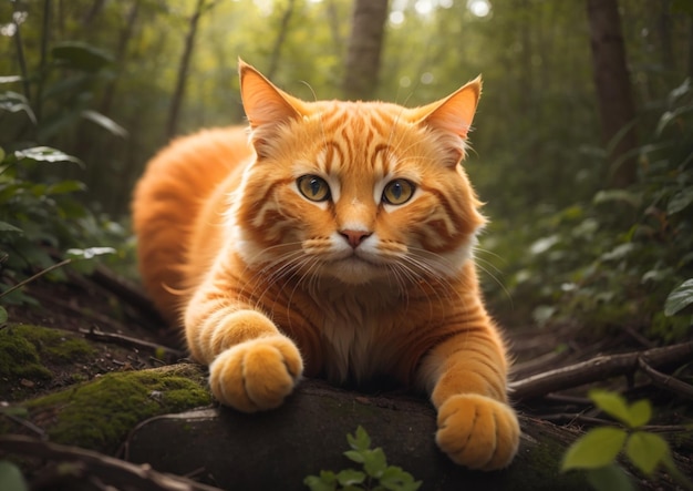 Um gato laranja bonito brincando na floresta.