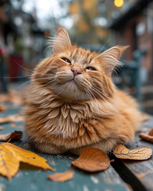 Um gato laranja confortavelmente descansando em cima de uma mesa de madeira desfrutando de um momento de paz