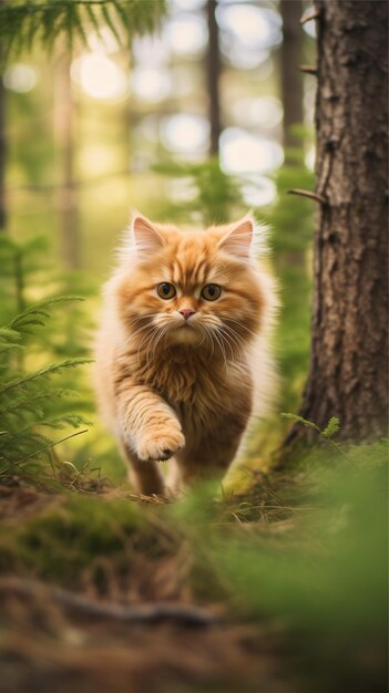 um gato laranja correndo pela floresta ai gerado