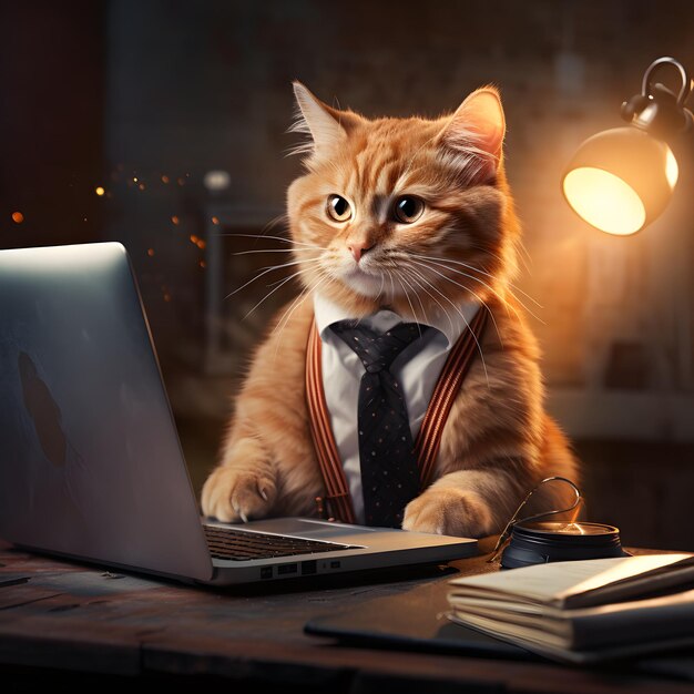 Um gato laranja de óculos e gravata está trabalhando em um laptop