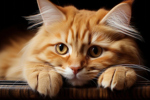 um gato laranja deitado em cima de uma mesa de madeira