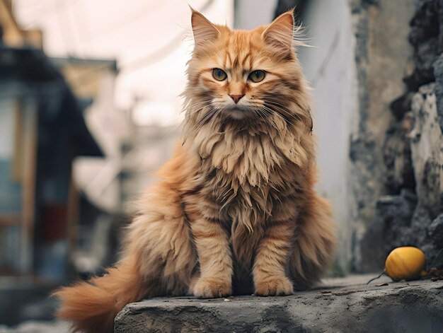 Foto um gato laranja sentado em uma parede