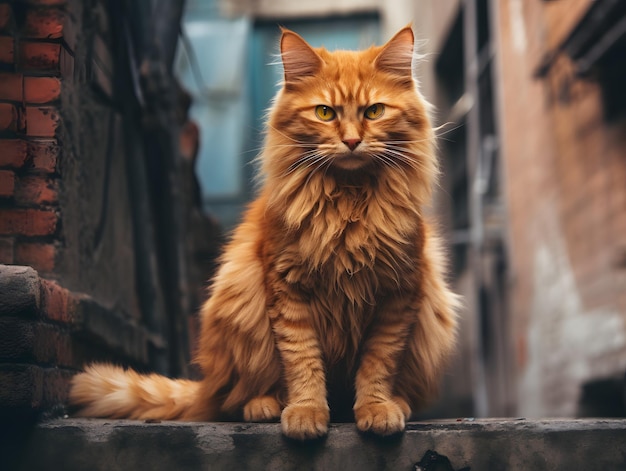 Foto um gato laranja sentado em uma parede