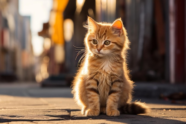 um gato laranja sentado na rua