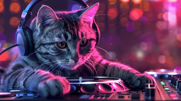 Foto um gato legal usando fones de ouvido está misturando música em uma mesa giratória o gato está cercado por luzes coloridas e tem uma pata no disco