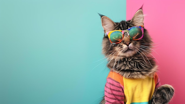 Um gato legal usando óculos de sol e uma camisa colorida está olhando para a câmera com uma expressão confiante