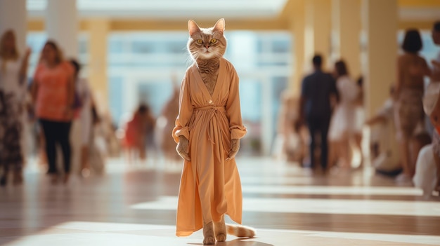 Um gato legal vestindo uma roupa de verão em um show de passarela. Figura de garota modelo, figura magra, tiro de comprimento completo na frente.