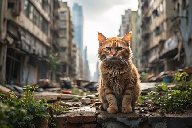 Um gato lindo na rua verde da cidade.