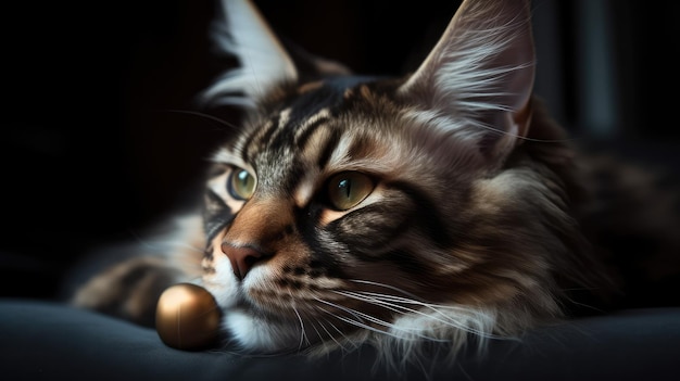 Um gato Maine Coon com um sino de ouro no nariz