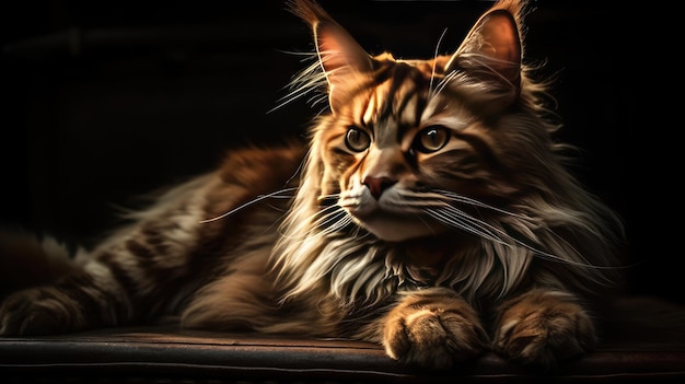 Um gato Maine Coon está deitado sobre uma mesa em frente a um fundo escuro