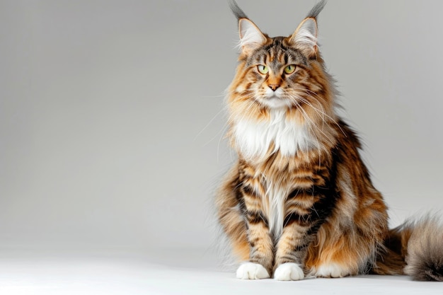 Um gato Maine Coon posando graciosamente contra um fundo claro