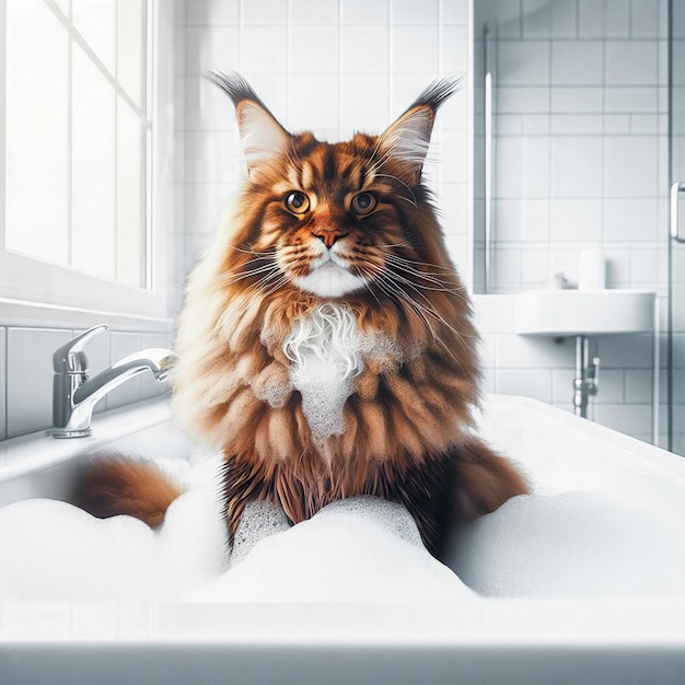 Um gato Maine Coon senta-se calmamente em uma banheira cheia de água, mostrando o aspecto de cuidados com o Maine Coon