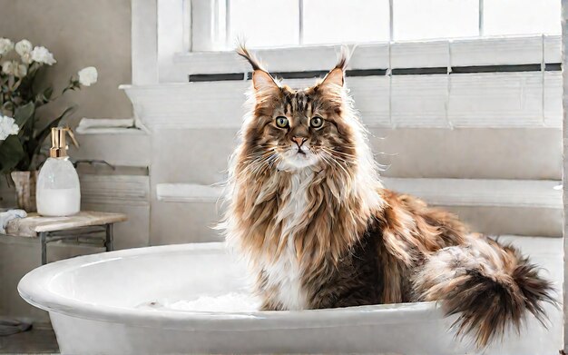 Um gato Maine Coon senta-se calmamente em uma banheira cheia de água mostrando o aspecto de cuidados do Maine Coon ilustração de cuidado efeito de aquarela