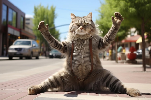 Um gato malhado fazendo uma pose de ioga hilariante na rua Generative Ai