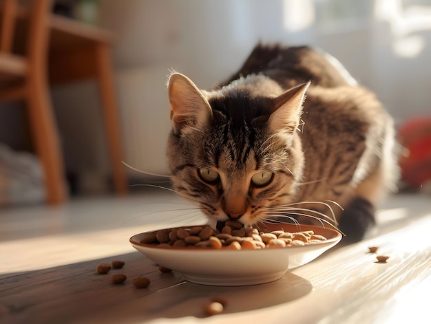 Um gato marrom come comida de gato em uma sala iluminada Luz solar amarela Alta qualidade