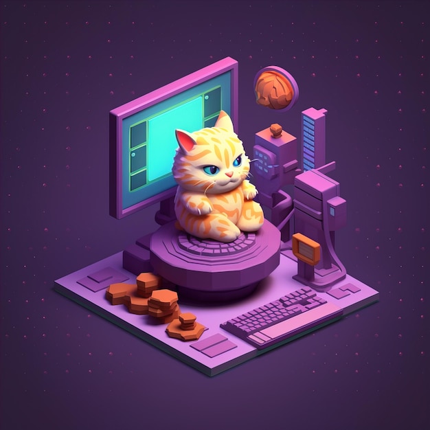 Foto um gato munchkin jogando em um computador 3d isométrico