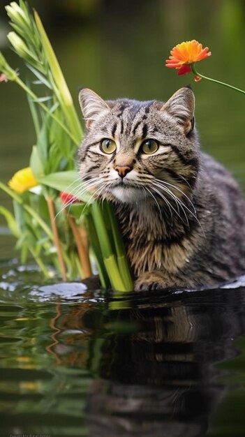 Um gato na água com um ramo de flores