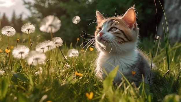 Um gato na grama olhando para o céu