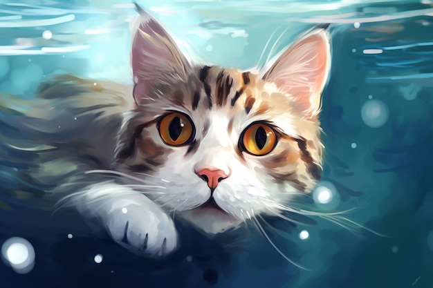 Um gato nadando na água com um olho amarelo.