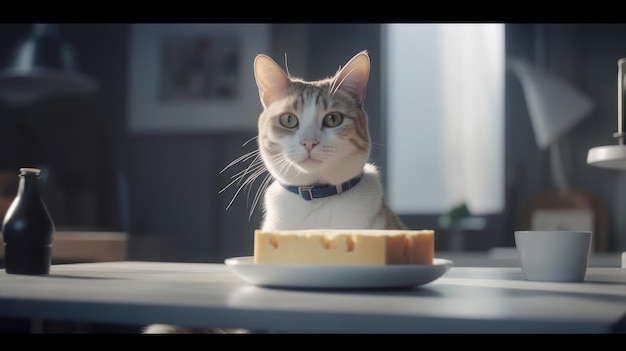 Um gato olha para um pedaço de queijo.