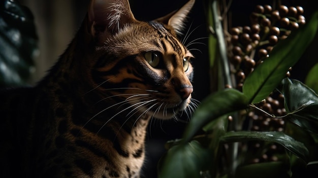 Um gato olha para uma planta com folhas verdes.