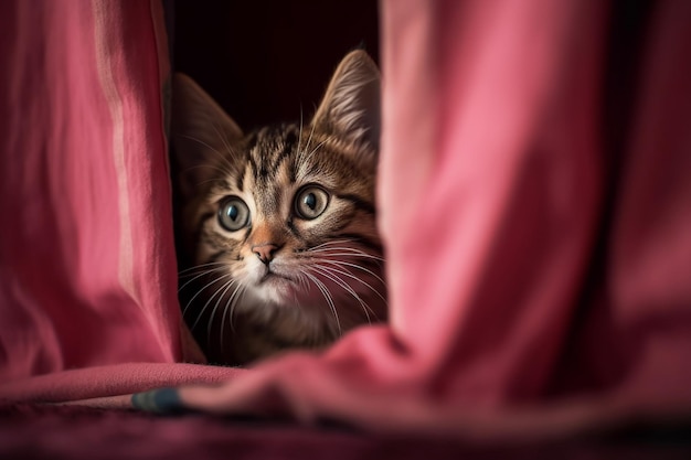 Um gato olha por trás de uma cortina