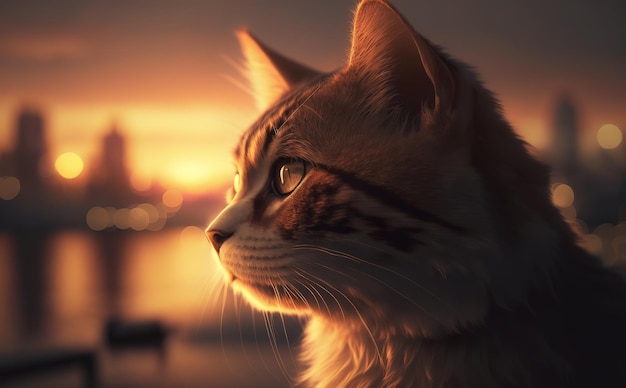 Um gato olhando para o pôr do sol