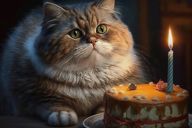 Um gato olhando para um bolo com o número 5 nele