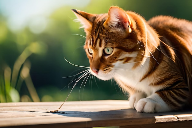 Um gato olhando para uma mosca em uma mesa de madeira