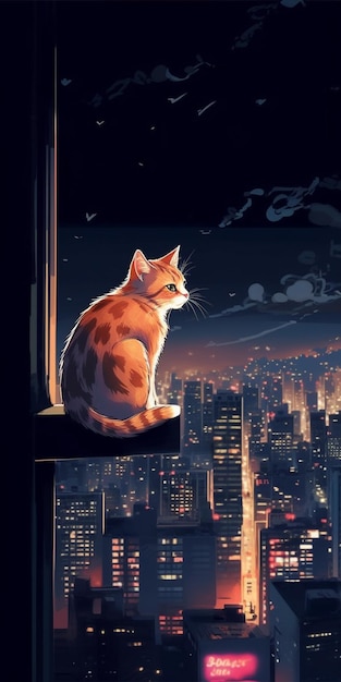 Um gato olhando pela janela à noite.