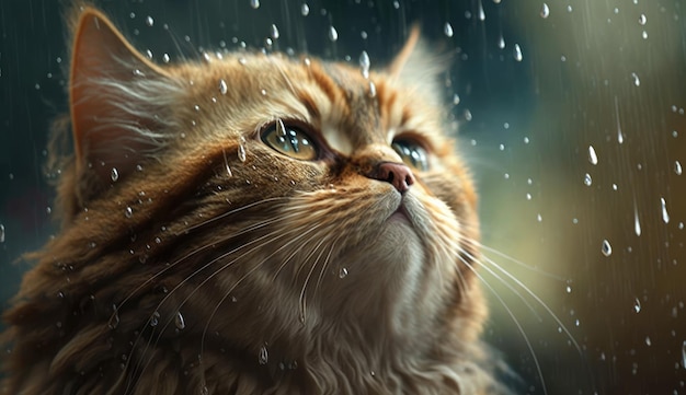 Um gato olhando pela janela com pingos de chuva