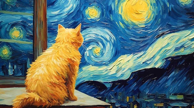 Um gato olhando pela janela em uma noite estrelada.