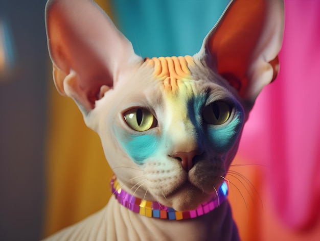 Um gato palhaço Sphynx com um colar de arco-íris