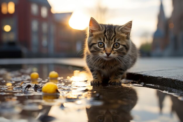 um gato parado em uma poça d'água